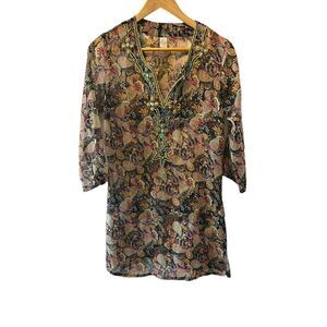 100% Silk Paisley Print Bead Embellished Semi Sheer Tunic Top S